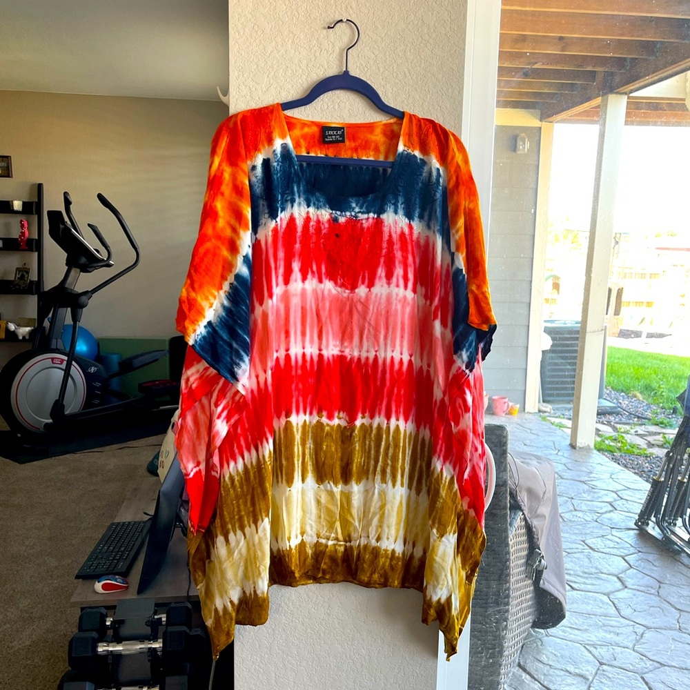 Sakkas lightweight circle Poncho Tunic blouse with Embroidery. One size